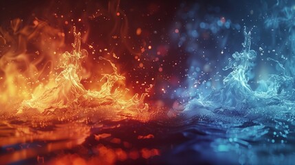 Artistic waves of fire and water colliding in an abstract dance in