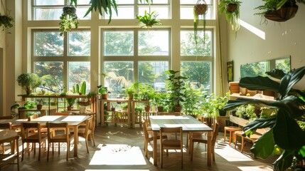 Fototapeta premium Classroom with lush greenery, large windows, sunlight, wooden furniture, ecofriendly design, peaceful and inviting