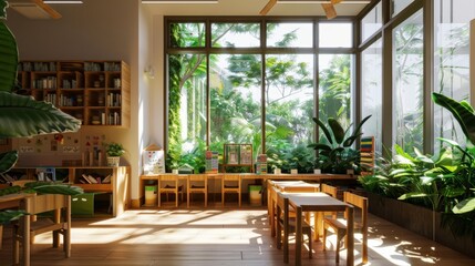Obraz premium Classroom with lush greenery, large windows, sunlight, wooden furniture, ecofriendly design, peaceful and inviting