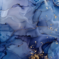 Abstract Sapphire and Gold Ink Swirls with Silver Accents