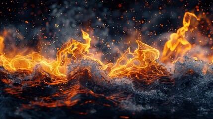 Dynamic abstract illustration of fiery and watery waves interacting in