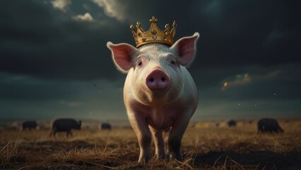 Adorable piglet with a crown, standing happily in a field, gazing at the camera
