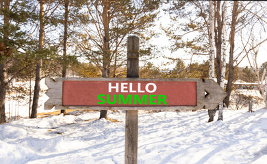 Hello summer symbol. Concept words Hello summer on beautiful wooden road sign. Beautiful winter...