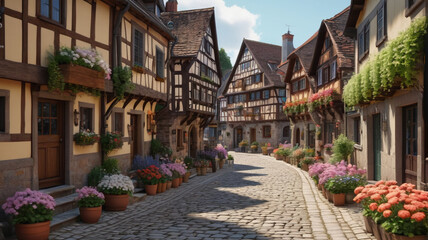 A quaint European village with cobblestone streets, half-timbered houses, and blooming flower boxes. Generative AI.