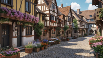 Obraz premium A quaint European village with cobblestone streets, half-timbered houses, and blooming flower boxes. Generative AI.