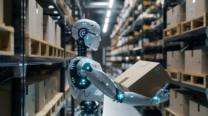 A robot works in a warehouse moving boxes and organizing inventory for efficient storage