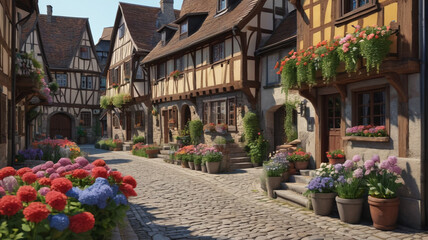 Fototapeta premium A quaint European village with cobblestone streets, half-timbered houses, and blooming flower boxes. Generative AI.