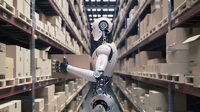 A robot works in a warehouse moving boxes and organizing inventory for efficient storage