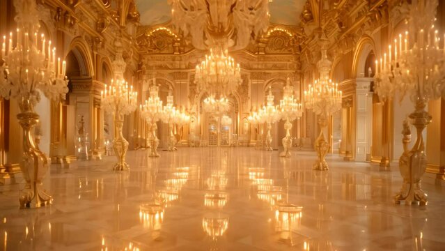 A spacious room adorned with stunning chandeliers hanging from the ceiling, creating a luxurious ambiance, A glamorous ballroom dripping with crystal chandeliers and opulent gold accents