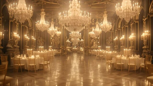 A luxurious ballroom adorned with sparkling chandeliers and tables set for an event, A glamorous ballroom dripping with crystal chandeliers and opulent gold accents