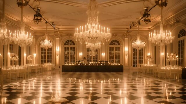 A luxurious ballroom with stunning chandeliers and a black and white checkered floor, perfect for a glamorous event, A glamorous black-tie affair in a luxurious ballroom with crystal chandeliers
