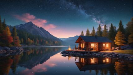 Fototapeta premium A peaceful lakeside retreat with cozy cabins, a campfire, and star-filled skies above. Generative AI.