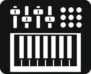Black and white icon depicting a detailed audio mixer console for music and sound engineering