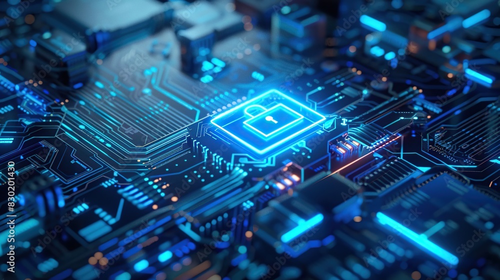 Poster close up cyber security with blue padlock icon on circuit board, high tech futuristic background.