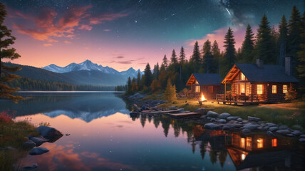 Fototapeta premium A peaceful lakeside retreat with cozy cabins, a campfire, and star-filled skies above. Generative AI.