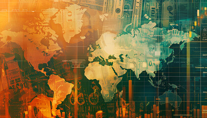 Money exchange. Multiple exposure with dollar banknotes, coins, digital world map and graphs