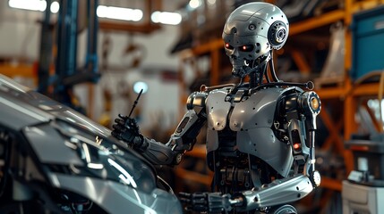 A robot supports a mechanic by handing tools and assisting with repairs in an auto shop