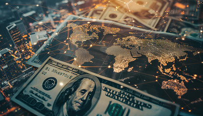 Money exchange. Multiple exposure with dollar banknotes, coins, digital world map and graphs