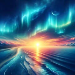 Fototapeta premium beautiful ocean and aurora views,Generative AI