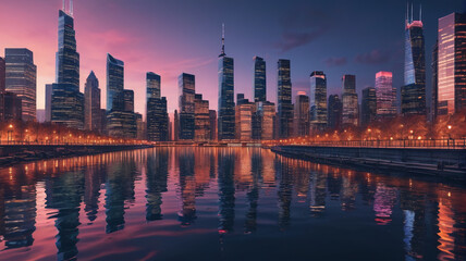 Fototapeta premium A vibrant cityscape at twilight with illuminated skyscrapers reflecting on the river. Generative AI.