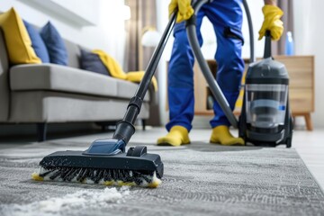 Obraz premium Person Cleaning Carpet with Vacuum in Living Room