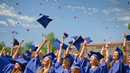 A group of graduates joyfully throwing their caps in the air after their graduation ceremony, A group of graduates tossing their caps in the air in a moment of shared excitement and achievement