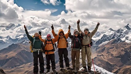 A group of hikers triumphantly stand on top of a snow-covered mountain, celebrating their successful ascent, A group of hikers celebrating reaching the summit of a mountain