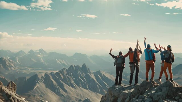 A group of people celebrating and standing on top of a mountain summit after a successful hike, A group of hikers celebrating reaching the summit of a mountain