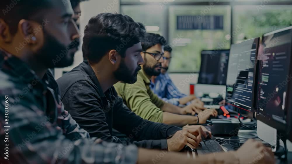 Poster indian men sitting in front of computers, collaborating on software development in an office setting