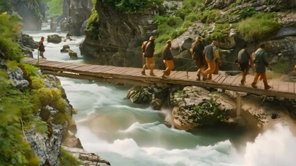 Several individuals walk across a river on a wooden bridge, A group of hikers crossing a wooden bridge over a rushing river in a deep canyon