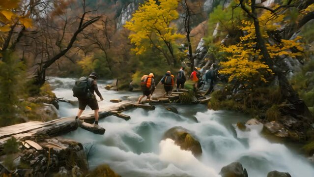 Hikers crossing wooden bridge over river, A group of hikers crossing a wooden bridge over a rushing river in a deep canyon