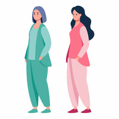 women in pajamas side view on a white background