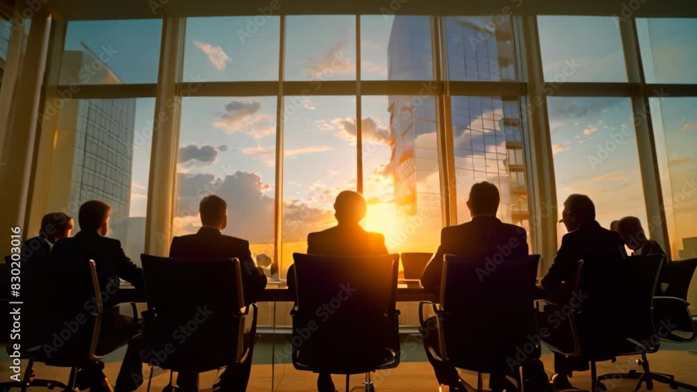 Poster group of professionals seated at a table in a boardroom with a window in the background, a group of 