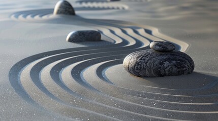Zen Garden: Abstract representations of zen gardens, with raked sand, smooth stones, and minimalist elements evoking tranquility and mindfulness. 