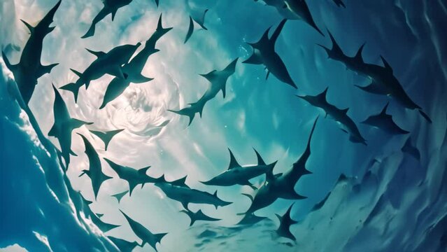 A mesmerizing sight of a large school of sharks swimming together in the deep blue ocean, A group of sharks circling together in a hypnotic pattern