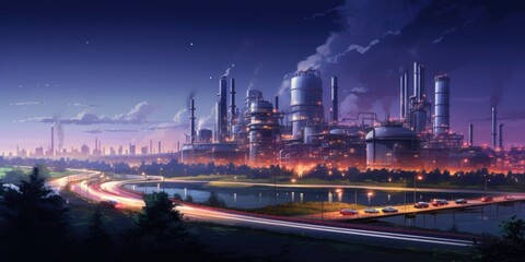 A massive plant, factory, facility or logistics center at dusk and twilight time.