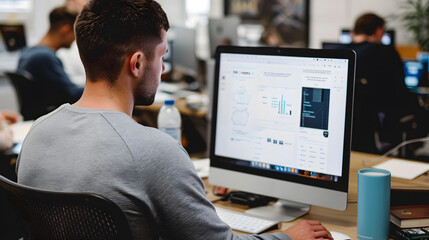 An employee reviews data on a desktop computer in a busy office setting. The workspace is active with multiple colleagues working in the background, fostering a collaborative environment.
