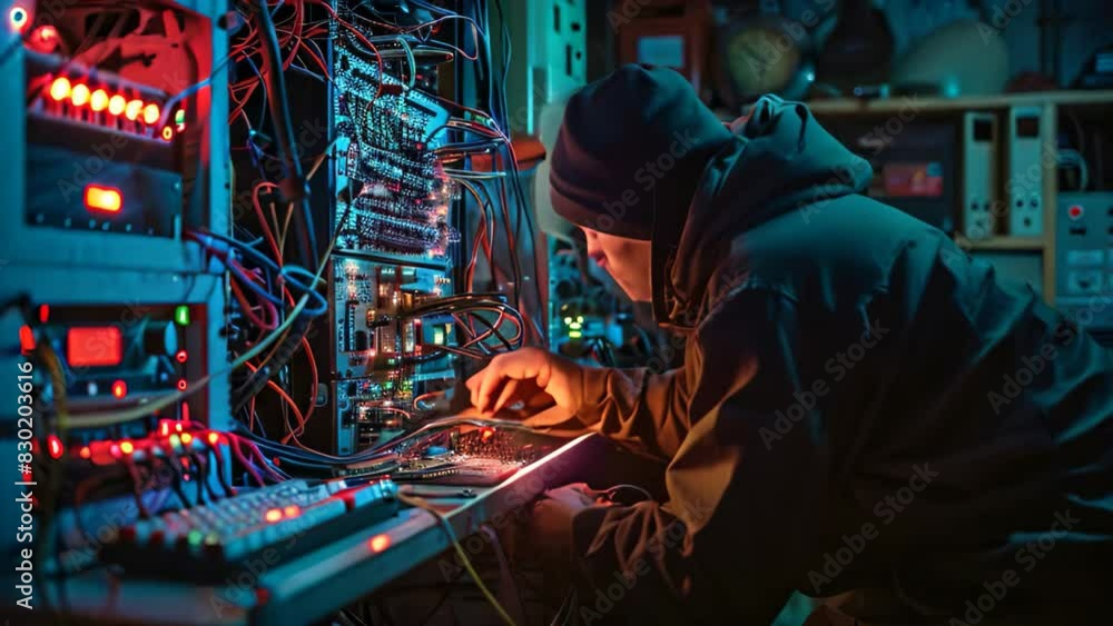 Poster a man focused on his computer screen working in a dimly lit room, a hacker attempting to break into 
