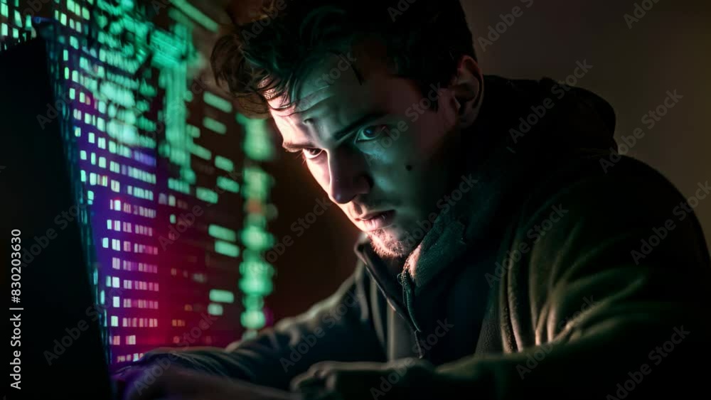 Poster a man is seated in front of a laptop computer, focused on the screen while working or browsing onlin