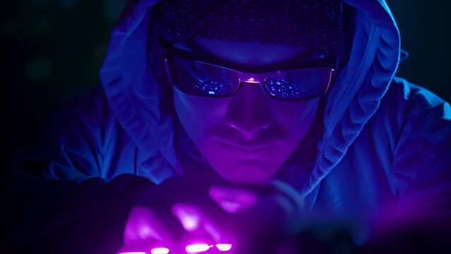 A man in a hoodie and sunglasses intensely focuses on his laptop screen, A hacker attempting to break into a secure system