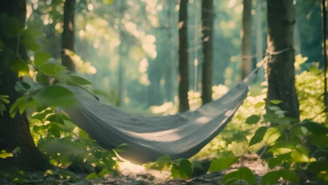 A hammock is suspended between two trees in a forest setting, A hammock strung between two trees in a quiet forest