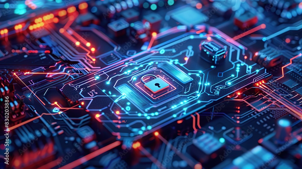Poster Abstract futuristic background with Cybersecurity padlock shield on balue PCB.