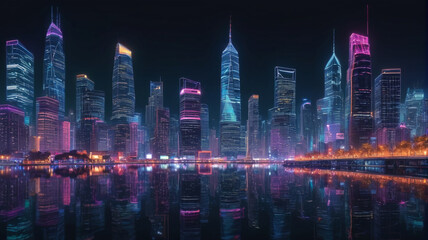 A vibrant city skyline at night with illuminated skyscrapers, bustling traffic, and neon lights reflecting on the water. Generative AI.