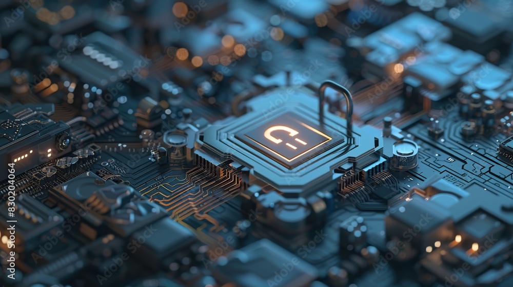 Poster Cybersecurity concept with padlock on digital circuit board. Abstract digital background.