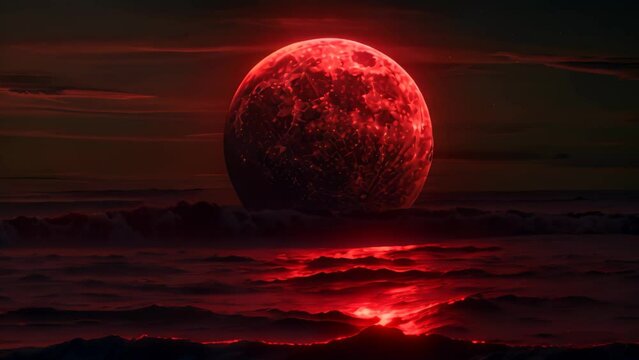 A red moon rising over the dark ocean at night, casting a eerie glow on the water, Construct a hauntingly beautiful video of a piercing sunset