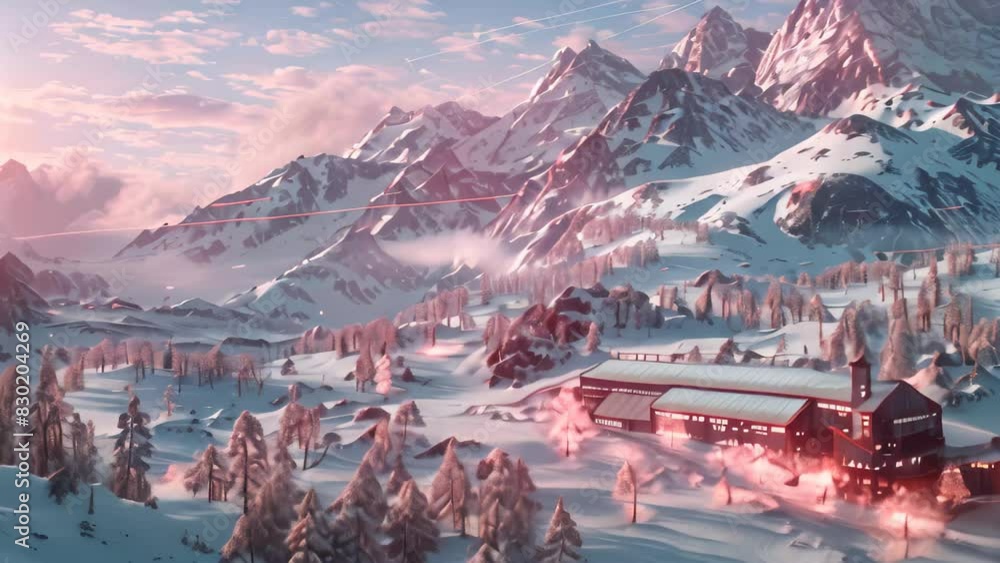 Poster Snow-covered mountain with building in foreground, A heat map highlighting activity at a remote outpost in a snowy mountain range