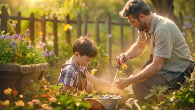 A man kneels next to a little boy in a garden, planting together, A heartwarming moment of a father and son planting flowers in their garden