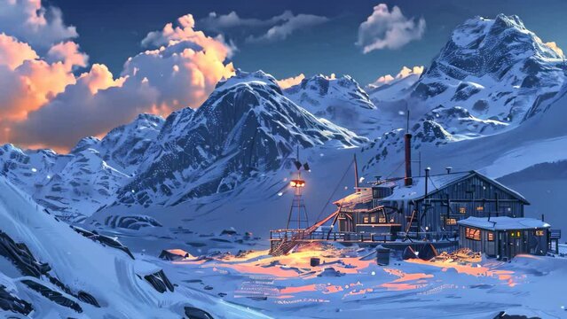 A painting depicting a snowy mountain landscape with a factory in the foreground, A heat map highlighting activity at a remote outpost in a snowy mountain range
