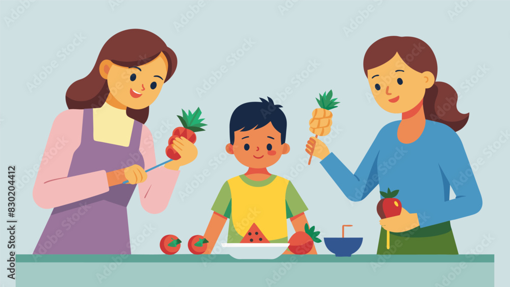 Poster a parent makes mini fruit kebabs using strawberries pineapples and watermelon skewering them on toot