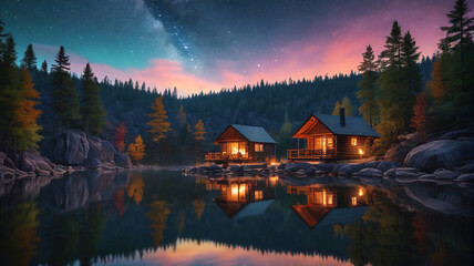 Fototapeta premium A tranquil lakeside retreat with cozy cabins, a campfire, and a star-filled sky overhead. Generative AI.